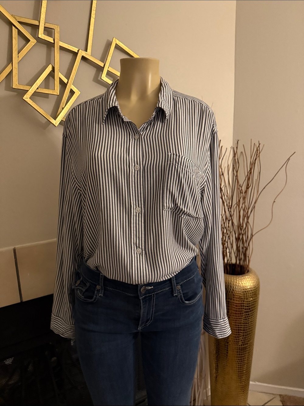7 For All Mankind Navy and White Vertical Stripe Button-Down Shirt